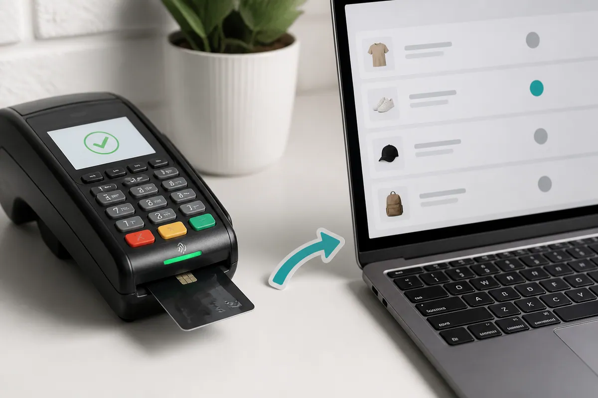 کارتخوان کنار لپ‌تاپ صف سفارش؛ فلش رویداد وب‌هوک پرداخت به وضعیت سفارش