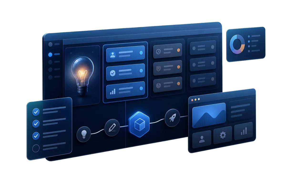 تصویر مفهومی تعریف MVP نرم‌افزار اختصاصی با نقشه محصول، اولویت‌بندی فیچرها و مسیر توسعه نسخه اول
