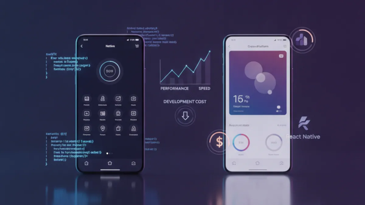 مقایسه اپلیکیشن موبایل بومی و کراس‌پلتفرم با نمایش دو گوشی، آیکون‌های پلتفرم و نمودار کارایی و سرعت توسعه
