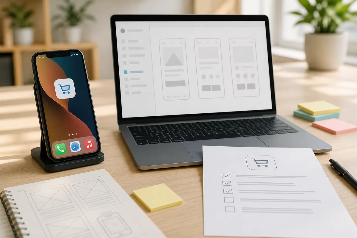 میز محصول موبایل؛ مقایسه وایرفریم PWA روی لپ‌تاپ با ماکت گوشی و فهرست انتشار مارکت در نور روز