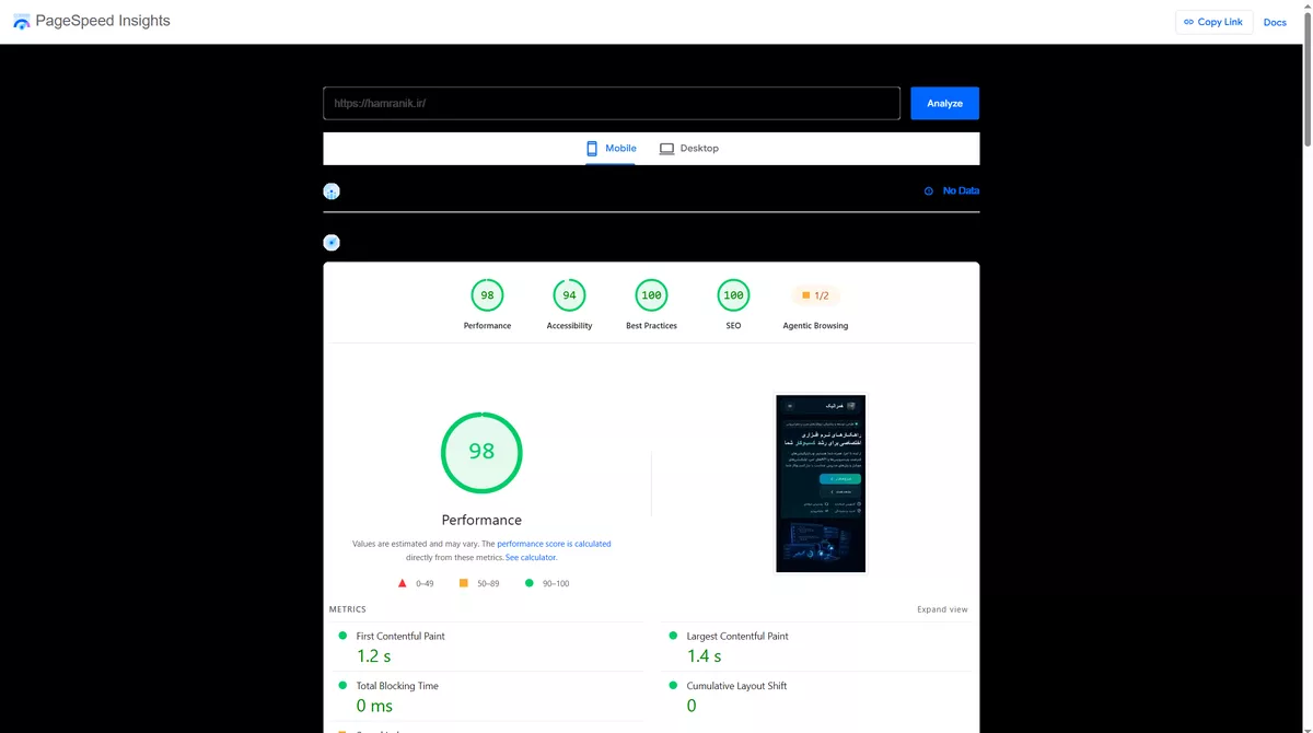 اسکرین Google PageSpeed موبایل سایت همرانیک