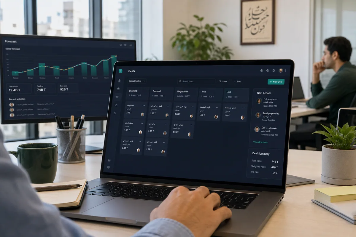 میز کار روشن تیم فروش؛ لپ‌تاپ با قیف CRM، مالک معامله و اقدام بعدی کنار مانیتور پیش‌بینی فرصت‌ها