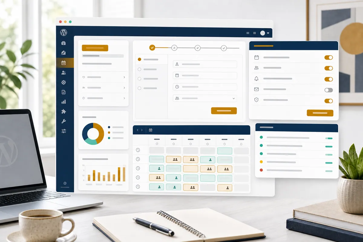 موکاپ روشن پنل و ویزارد رزرو یک پلاگین اختصاصی وردپرس با تقویم ظرفیت، فرم چندمرحله‌ای و کارت تنظیمات