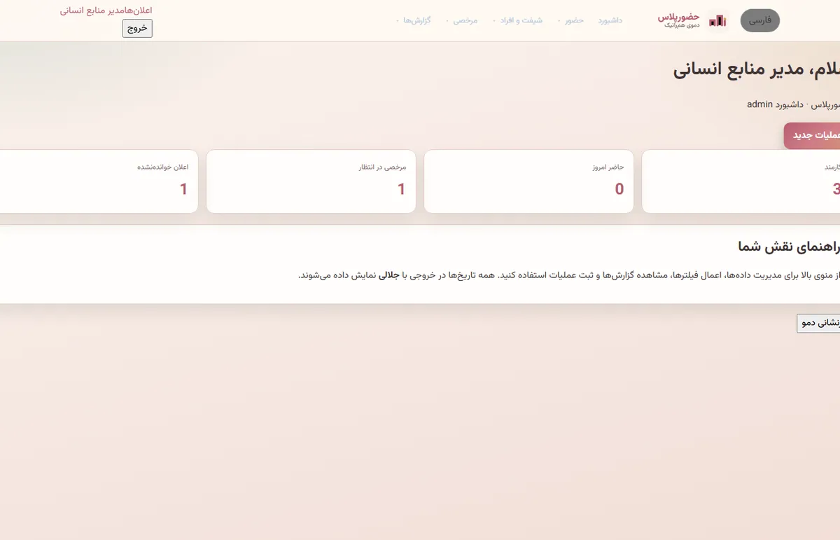 داشبورد حضورپلاس با کارت وضعیت تیم