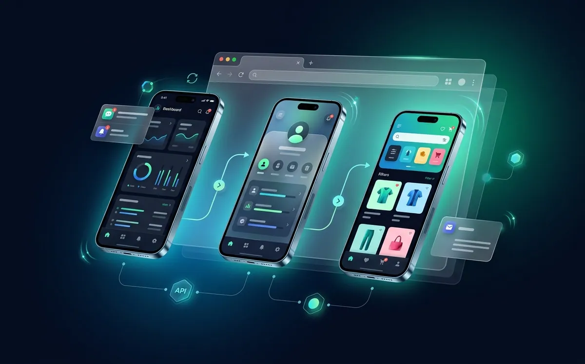 تصویر مفهومی طراحی اپلیکیشن موبایل و PWA با صفحه‌های موبایل، اعلان، جریان کاربر، اتصال API و داشبورد تحلیلی